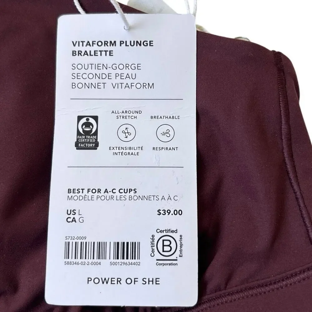 Athleta BodyMove VitaForm Plunge Bralette Maroon Women's Large NWT A-C Cups